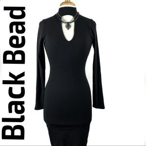 Black Bead Mock Turtle Neck Ribbed Stretch Dress